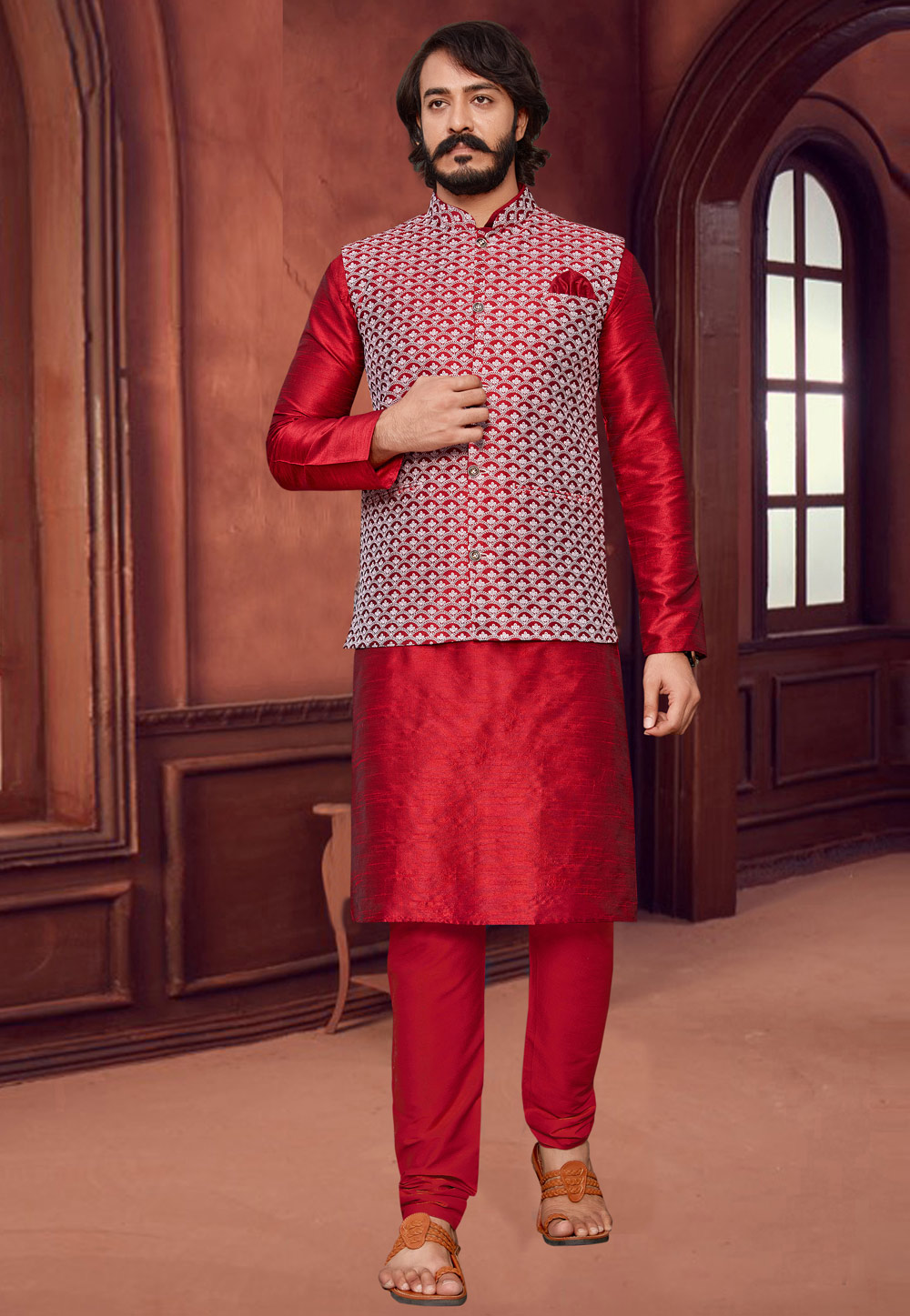 Red Art Silk Kurta Pajama With Jacket 232019