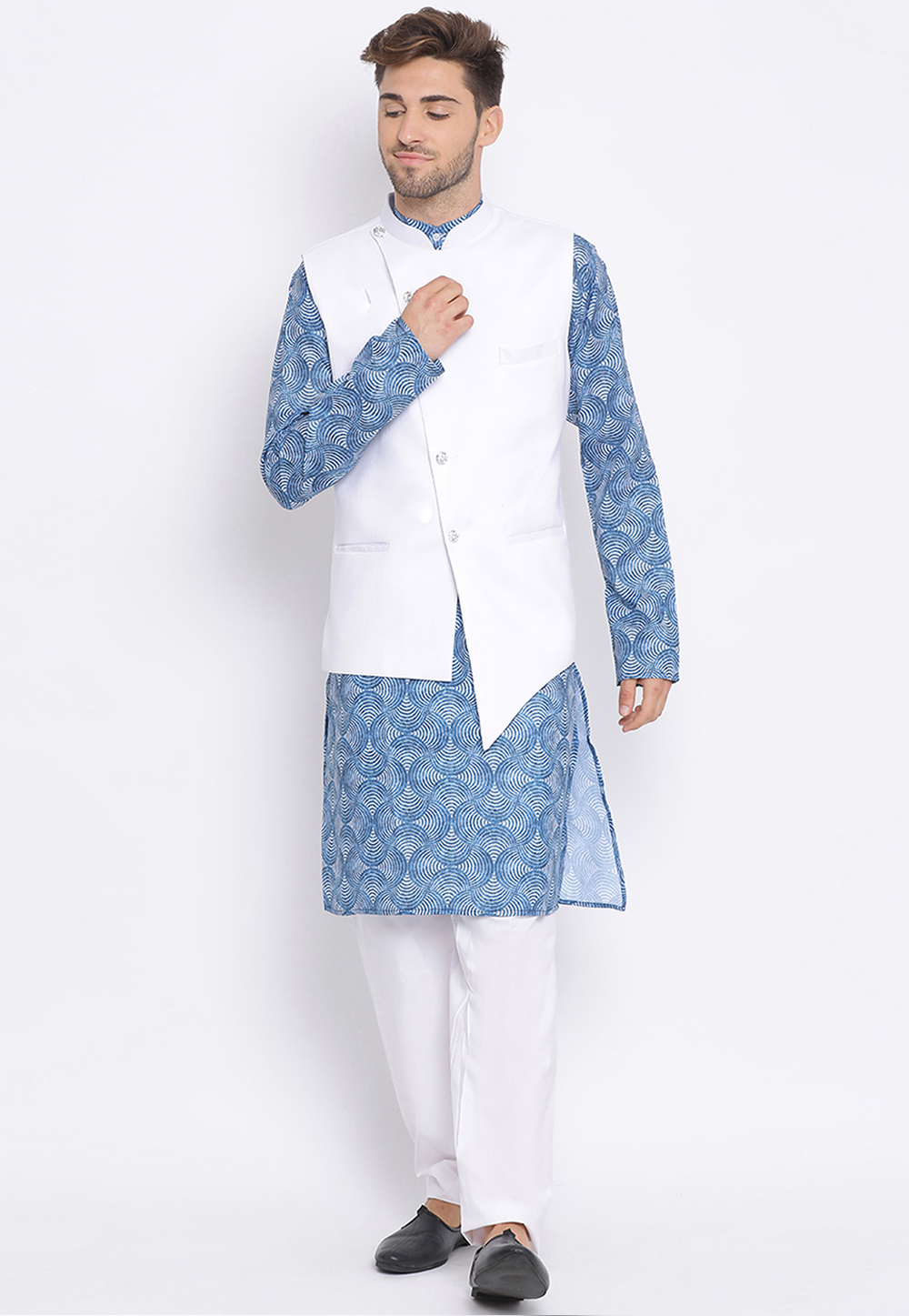 Blue Cotton Kurta Pajama With Jacket 237808