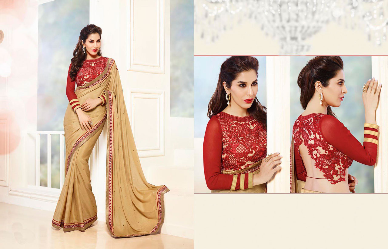 Sophie Choudry Beige Chinon Chiffon Party Wear Saree 43490