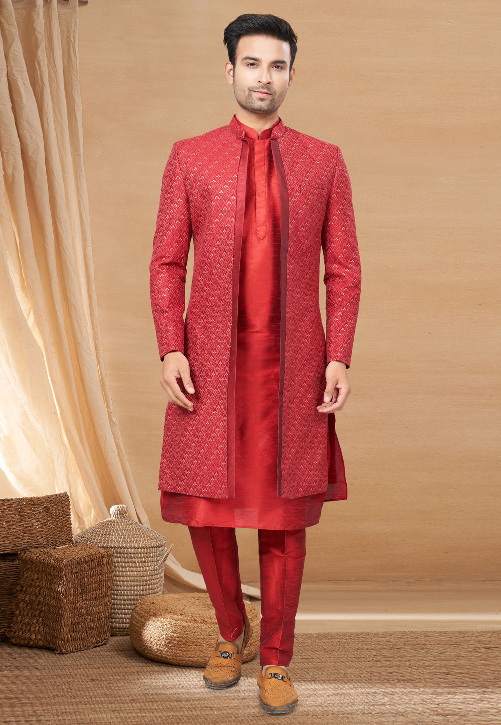Red Art Silk Indo Western Sherwani 270792