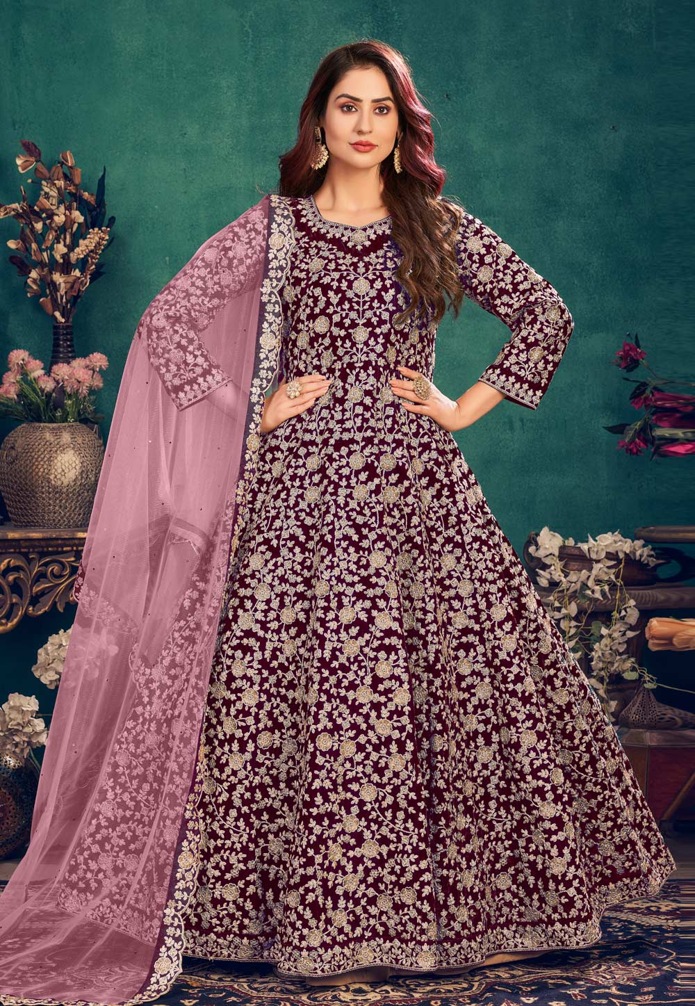 Purple Velvet Abaya Style Anarkali Suit 235917