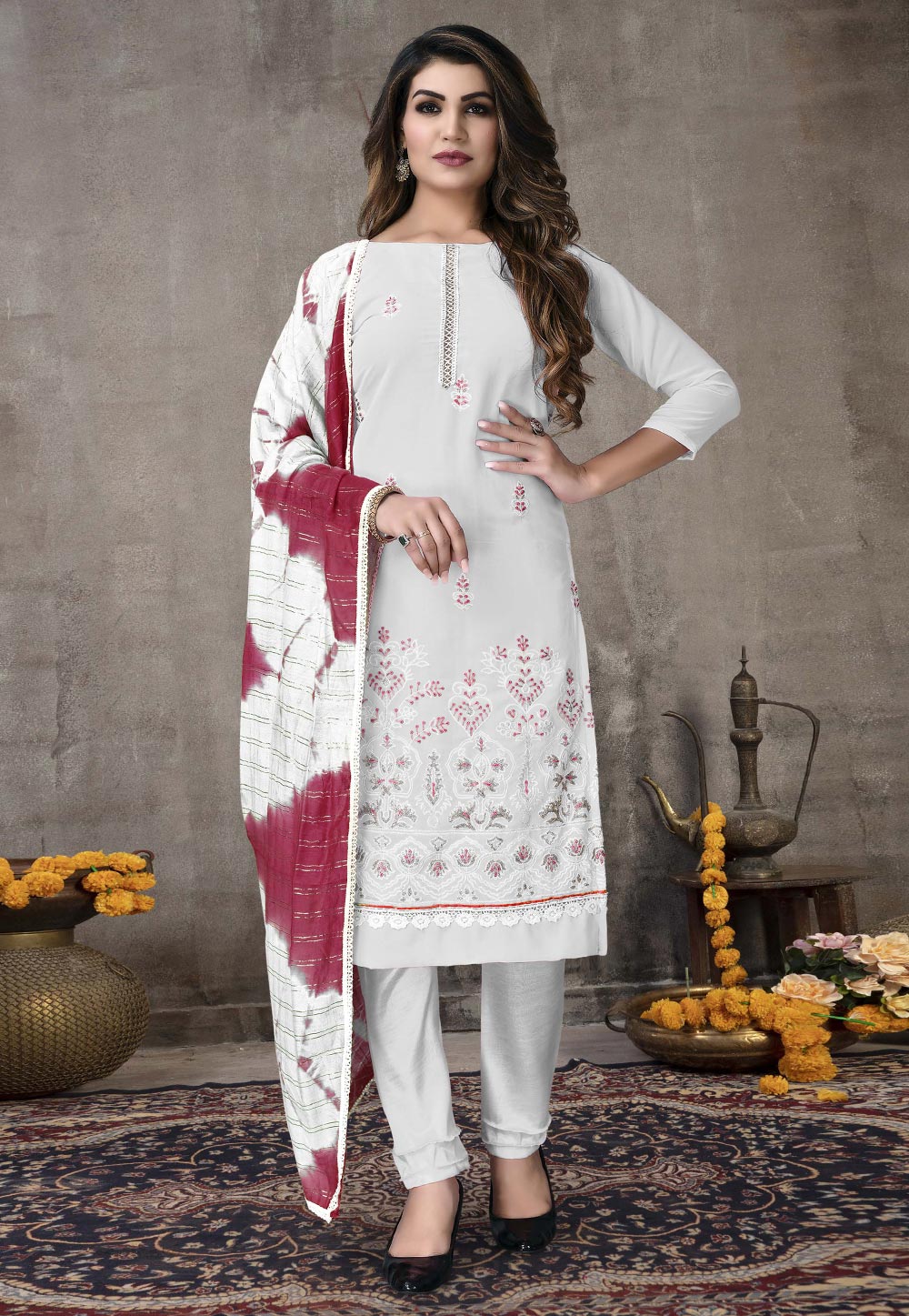 Off White Georgette Pant Style Suit 246915
