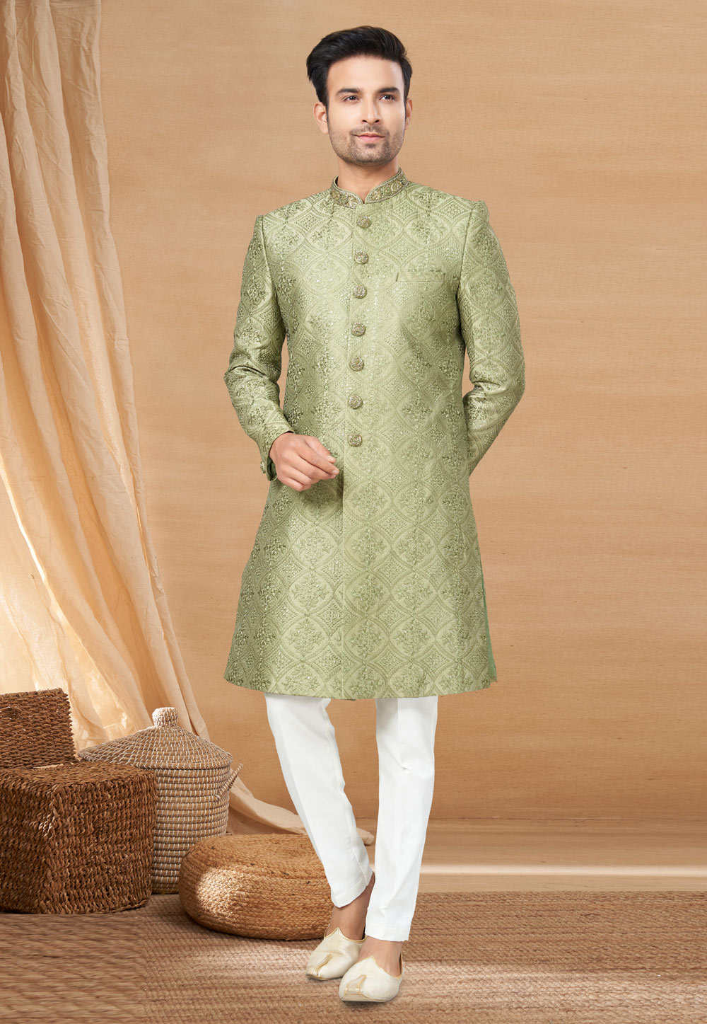 Pista Green Art Silk Achkan Style Sherwani 270793
