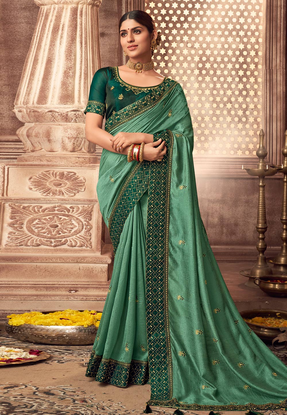 Sea Green Silk Festival Wear Saree 237334