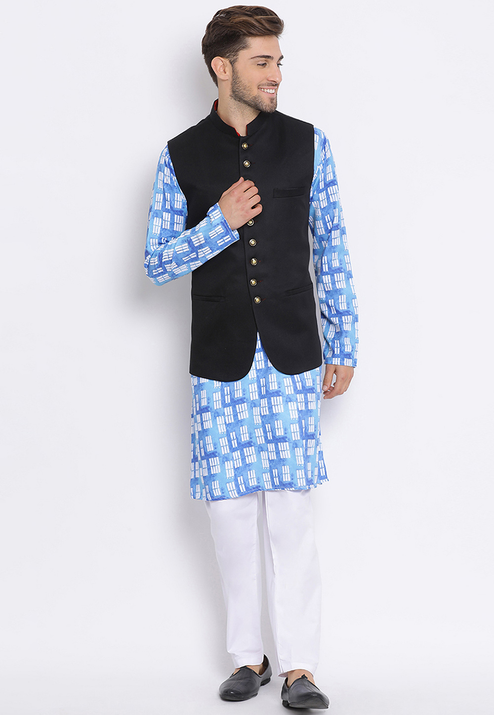 Blue Cotton Kurta Pajama With Jacket 237811