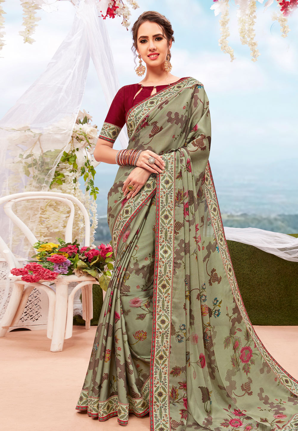Olive Green Georgette Printed Saree With Blouse 199251