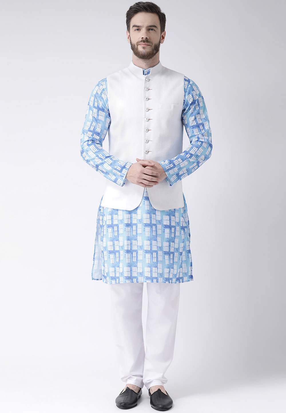 Blue Cotton Kurta Pajama With Jacket 237812
