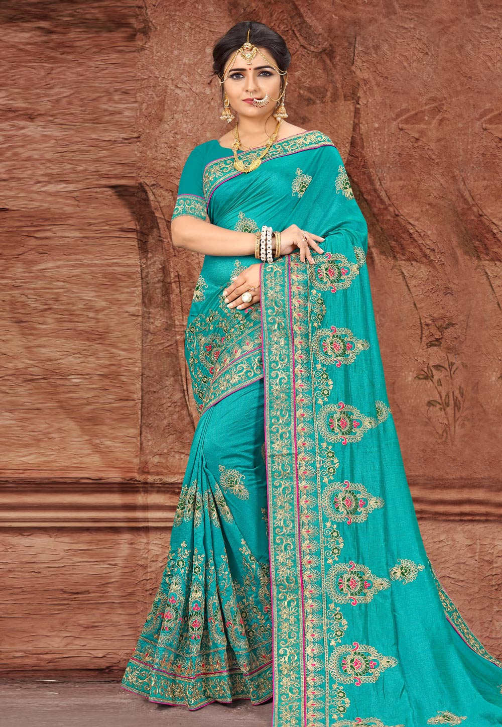 Turquoise Silk Saree With Blouse 203503