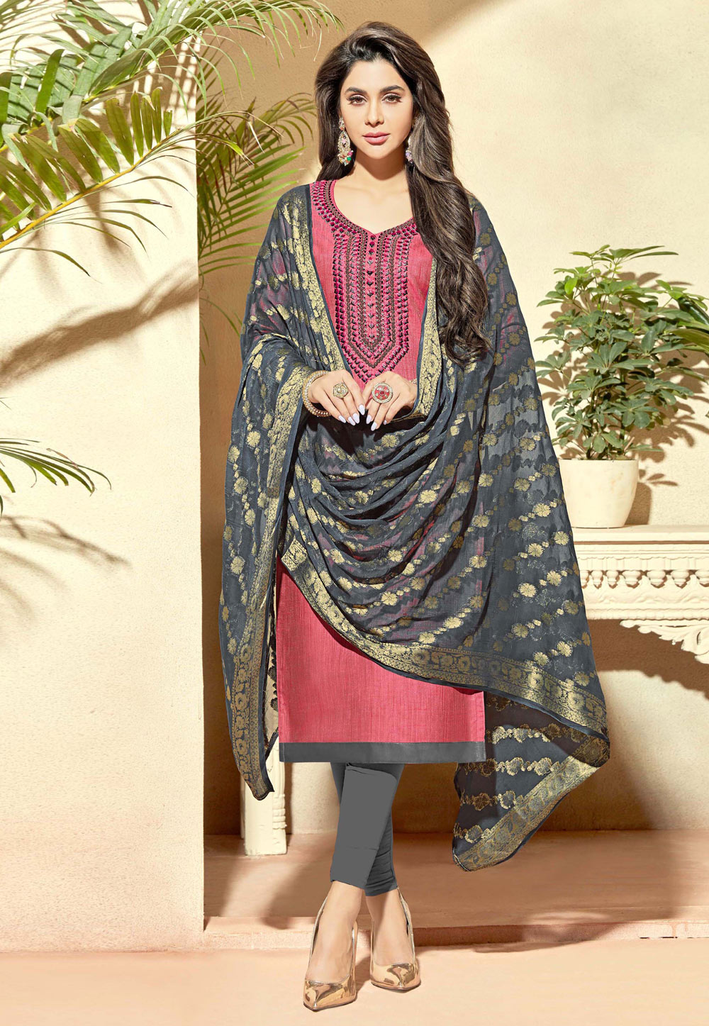 Pink Banarasi Silk Churidar Suit 169199
