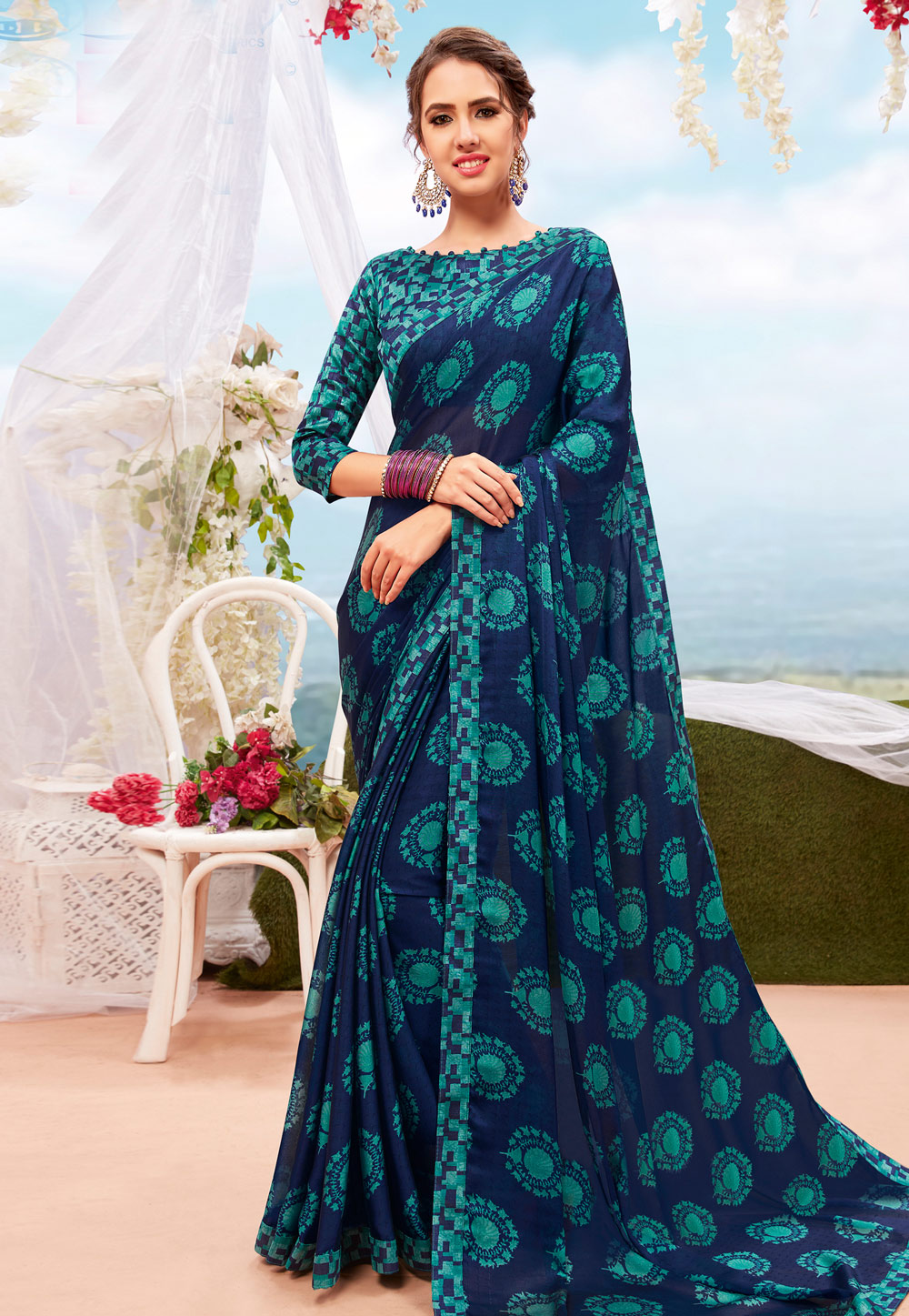 Blue Georgette Printed Saree With Blouse 199253