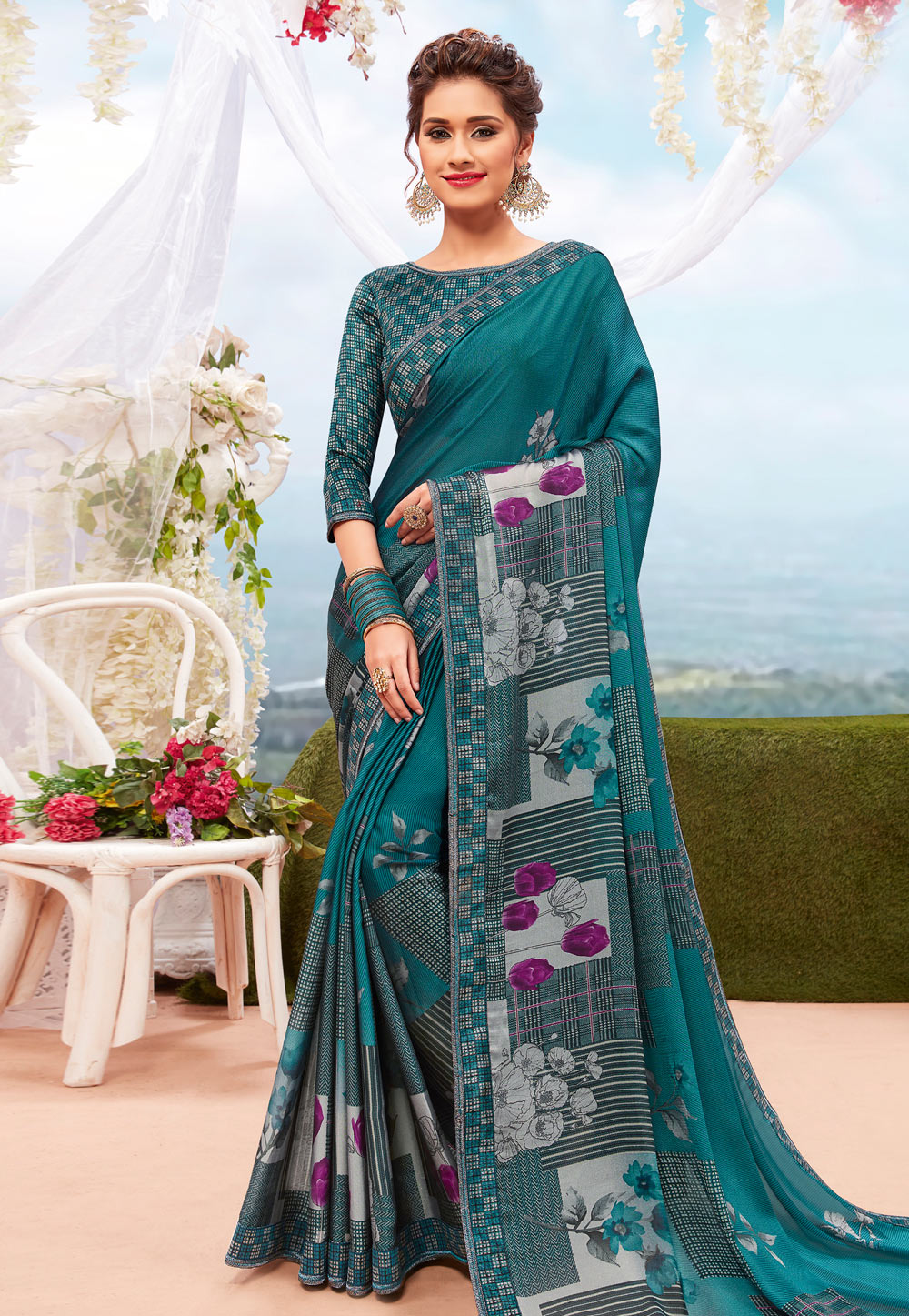 Blue Georgette Printed Saree With Blouse 199255