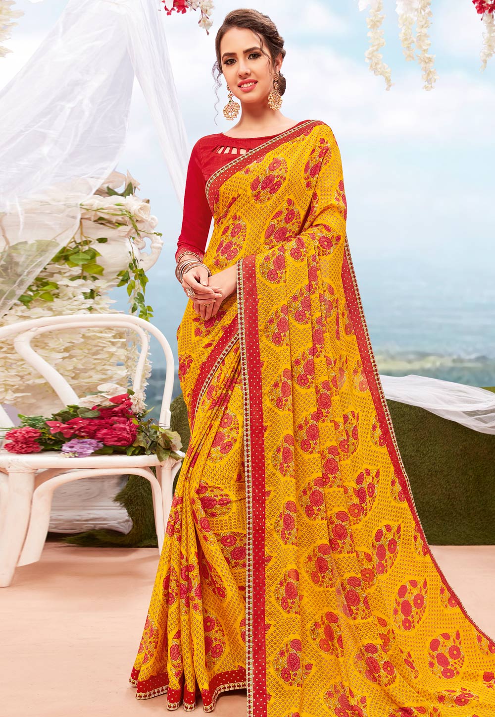 Yellow Georgette Printed Festival Wear Saree 199256