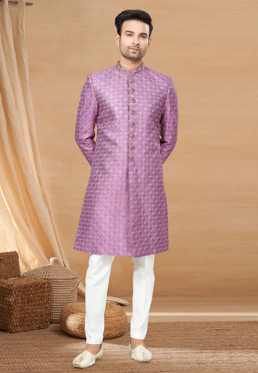 Light Purple Art Silk Achkan Style Sherwani 270800