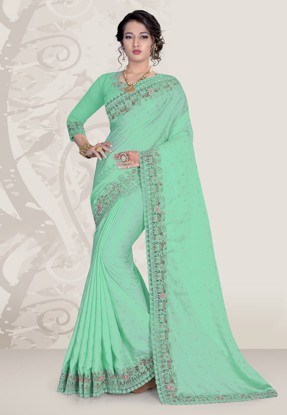 Green Satin Festival Wear Saree 218721