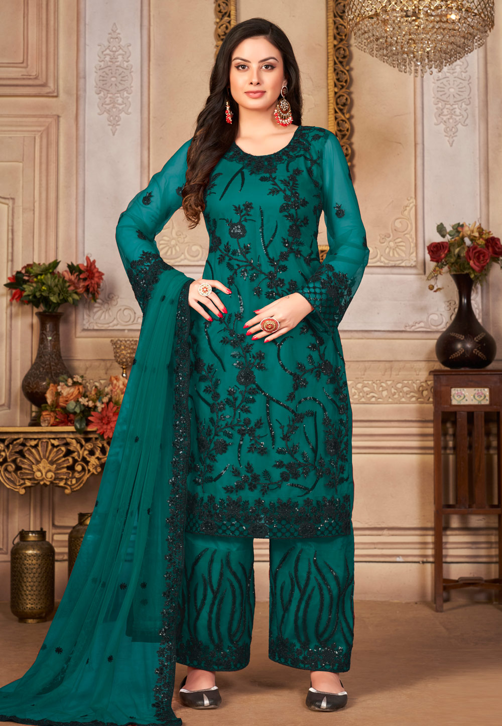 Sea Green Net Embroidered Palazzo Suit 250361