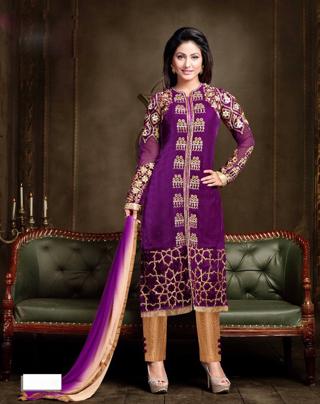 Hina Khan Purple Velvet Pakistani Style Suit 61649