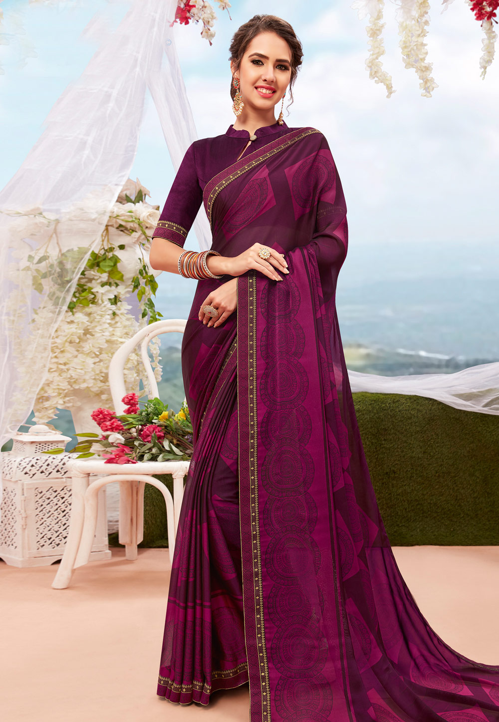 Purple Georgette Printed Saree With Blouse 199259