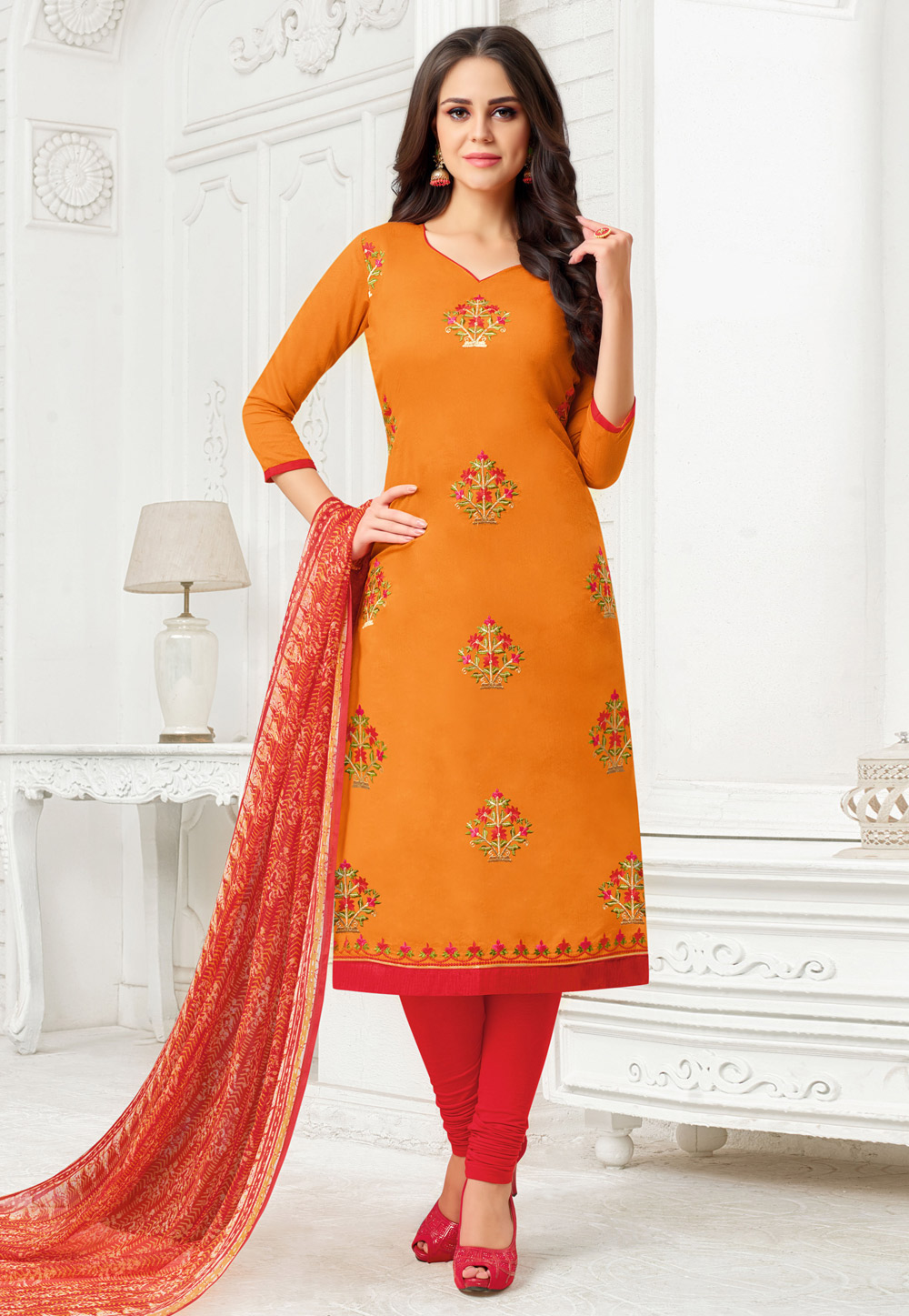 Orange Silk Churidar Salwar Kameez 170060