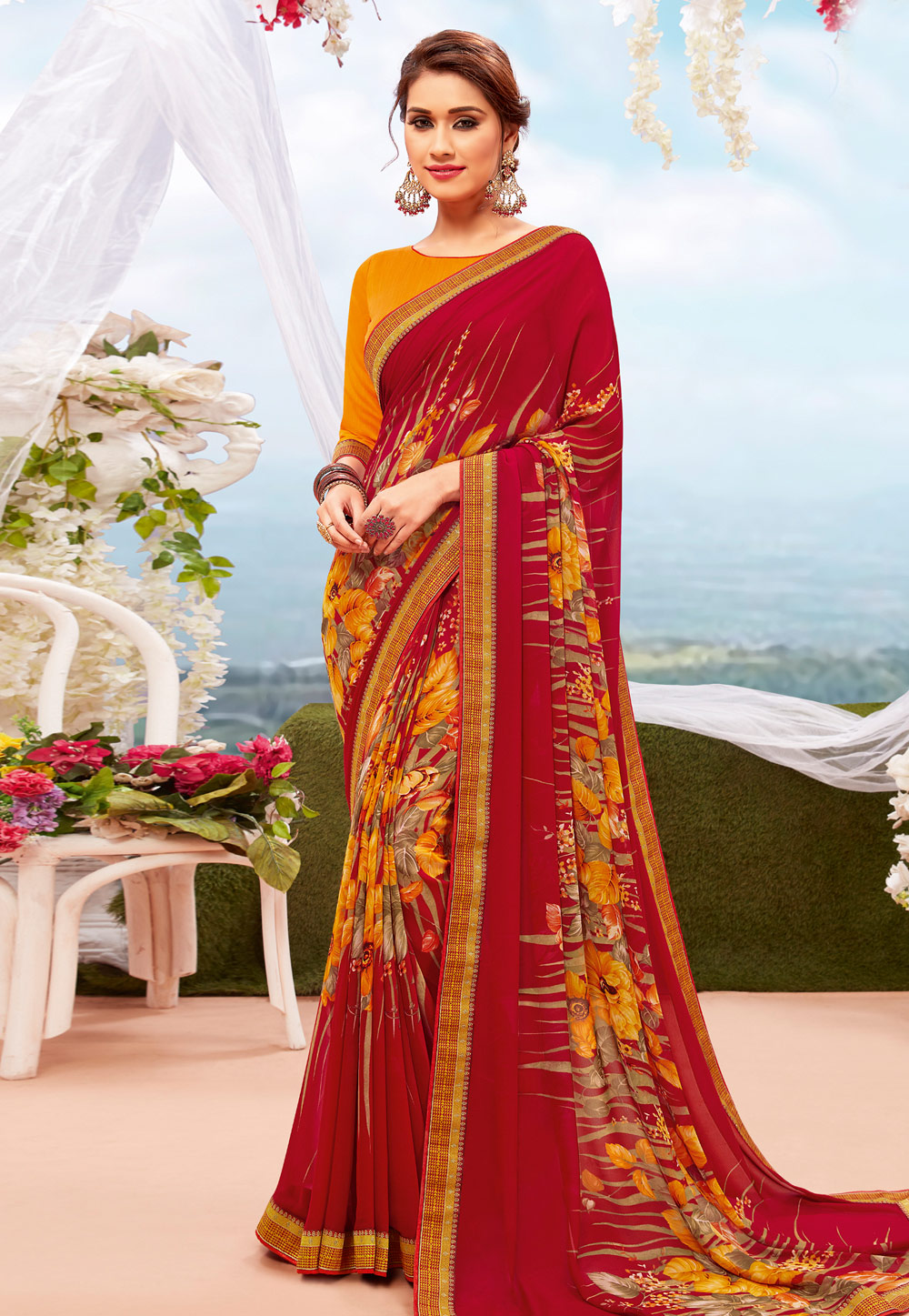 Magenta Georgette Printed Saree With Blouse 199261