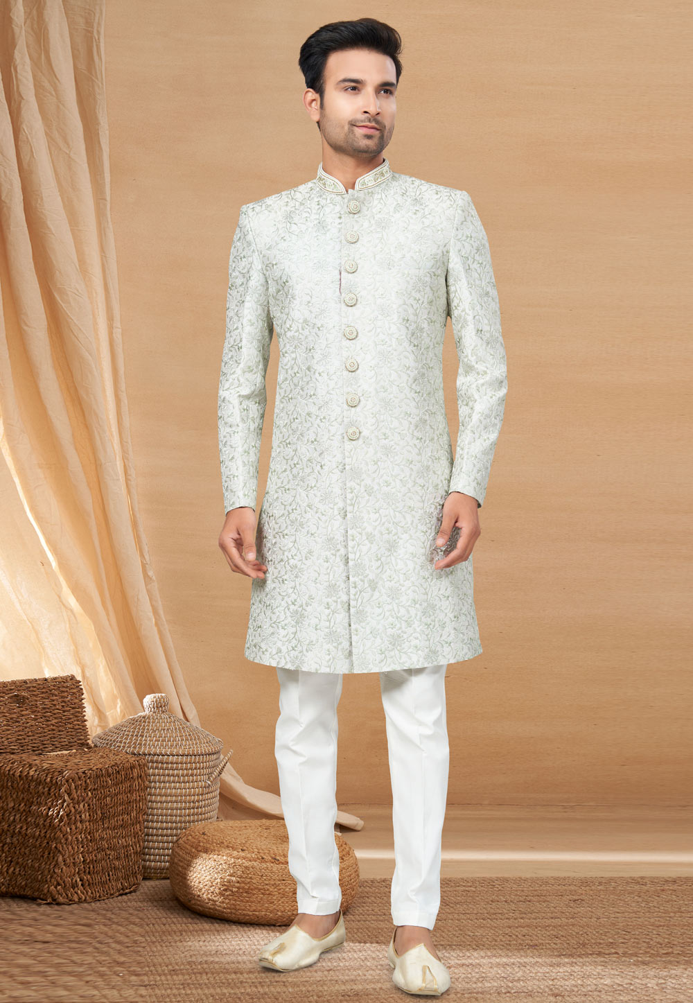 Off White Art Silk Achkan Style Sherwani 270805