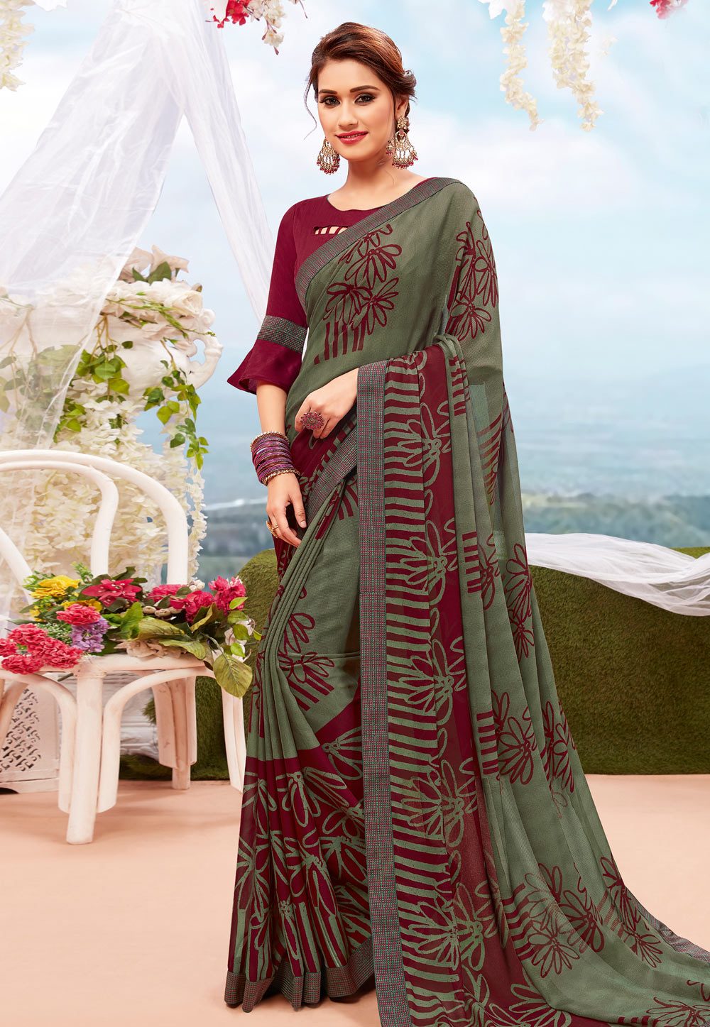 Grey Georgette Printed Saree With Blouse 199263