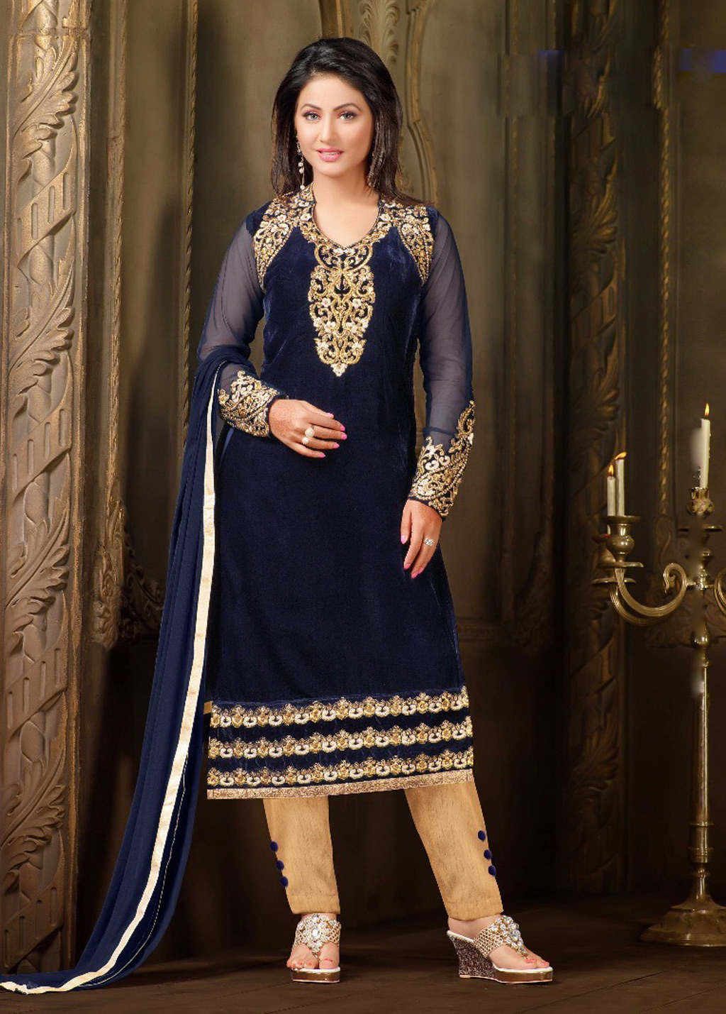 Hina Khan Navy Blue Velvet Pakistani Style Suit 61659