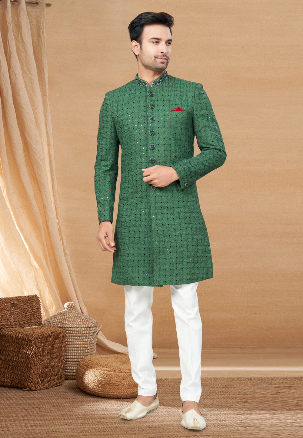 Green Art Silk Achkan Style Sherwani 270807