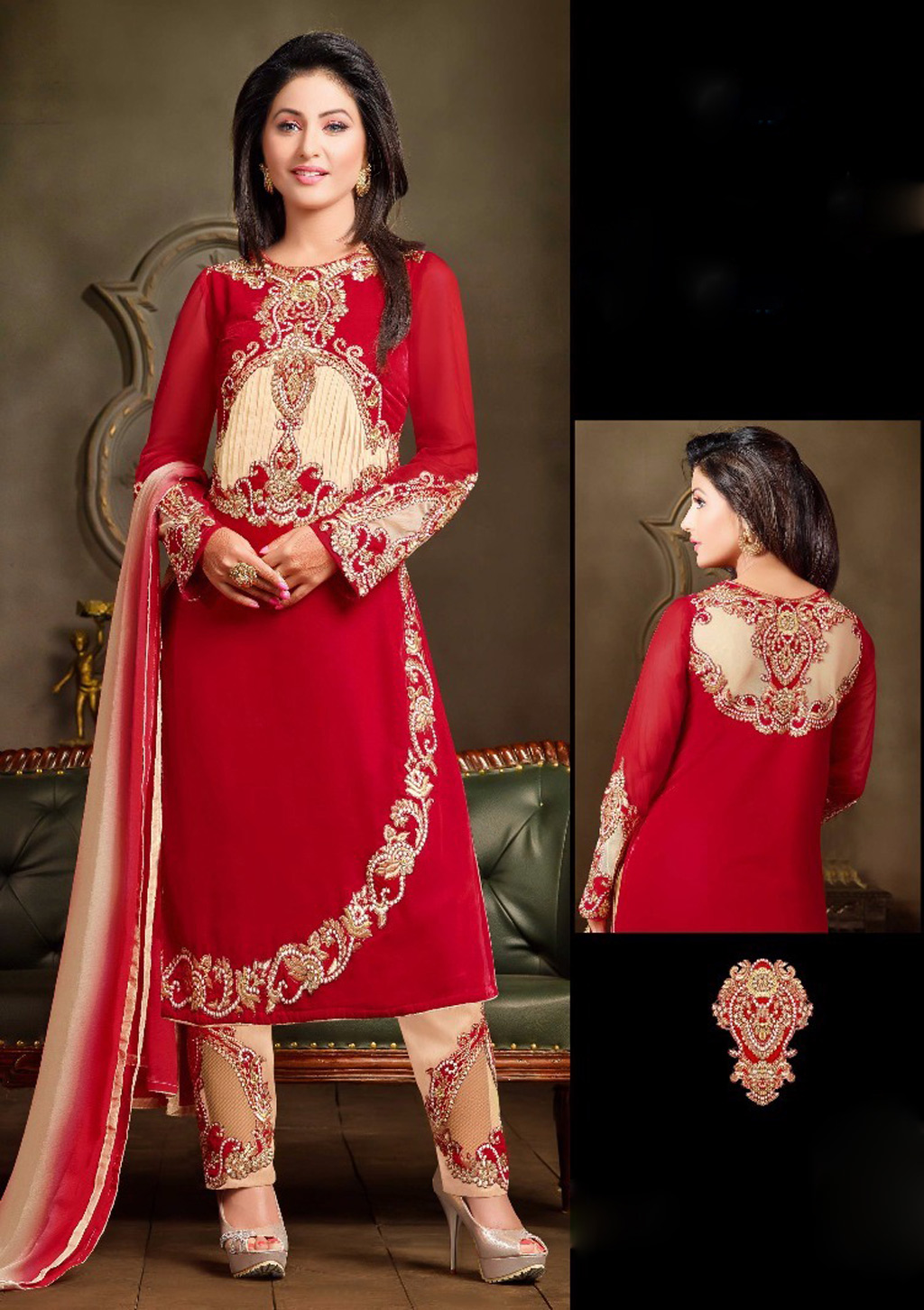 Hina Khan Red Velvet Pakistani Style Suit 61660