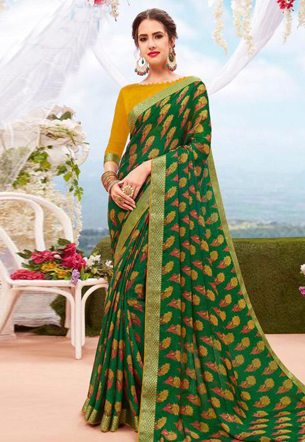 Green Georgette Printed Saree With Blouse 199265