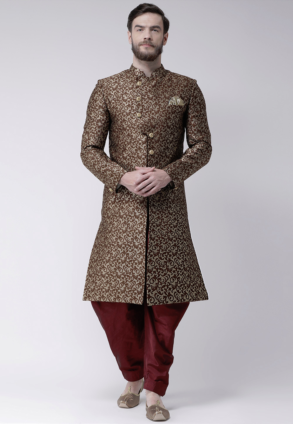 Brown Polyester Pakistani Sherwani 237821
