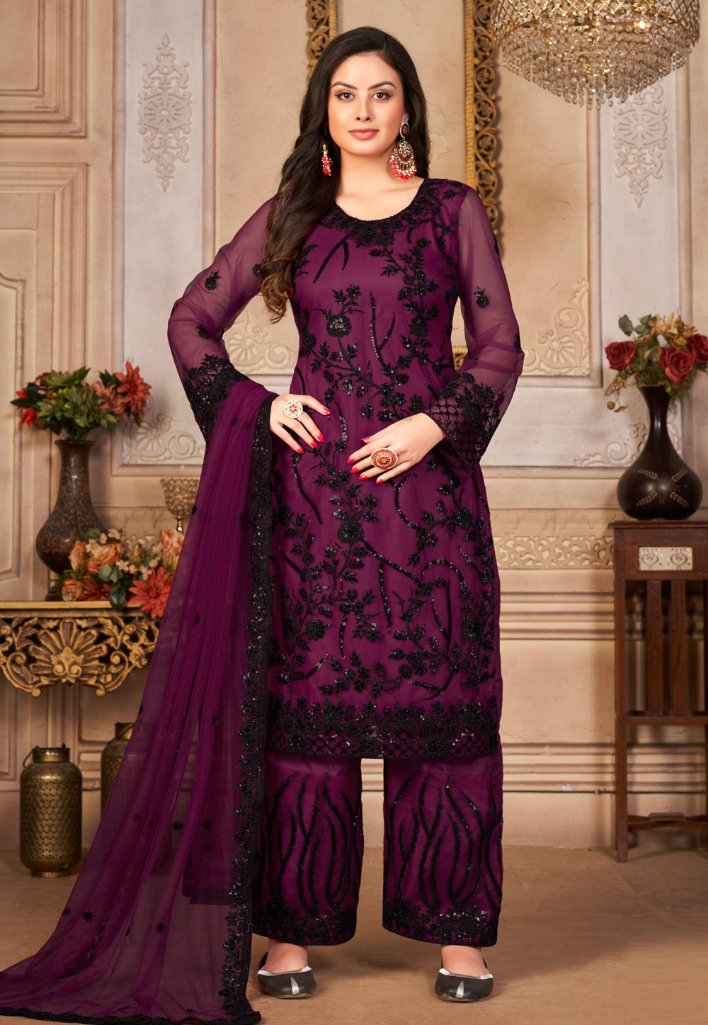 Purple Net Embroidered Pakistani Suit 250362