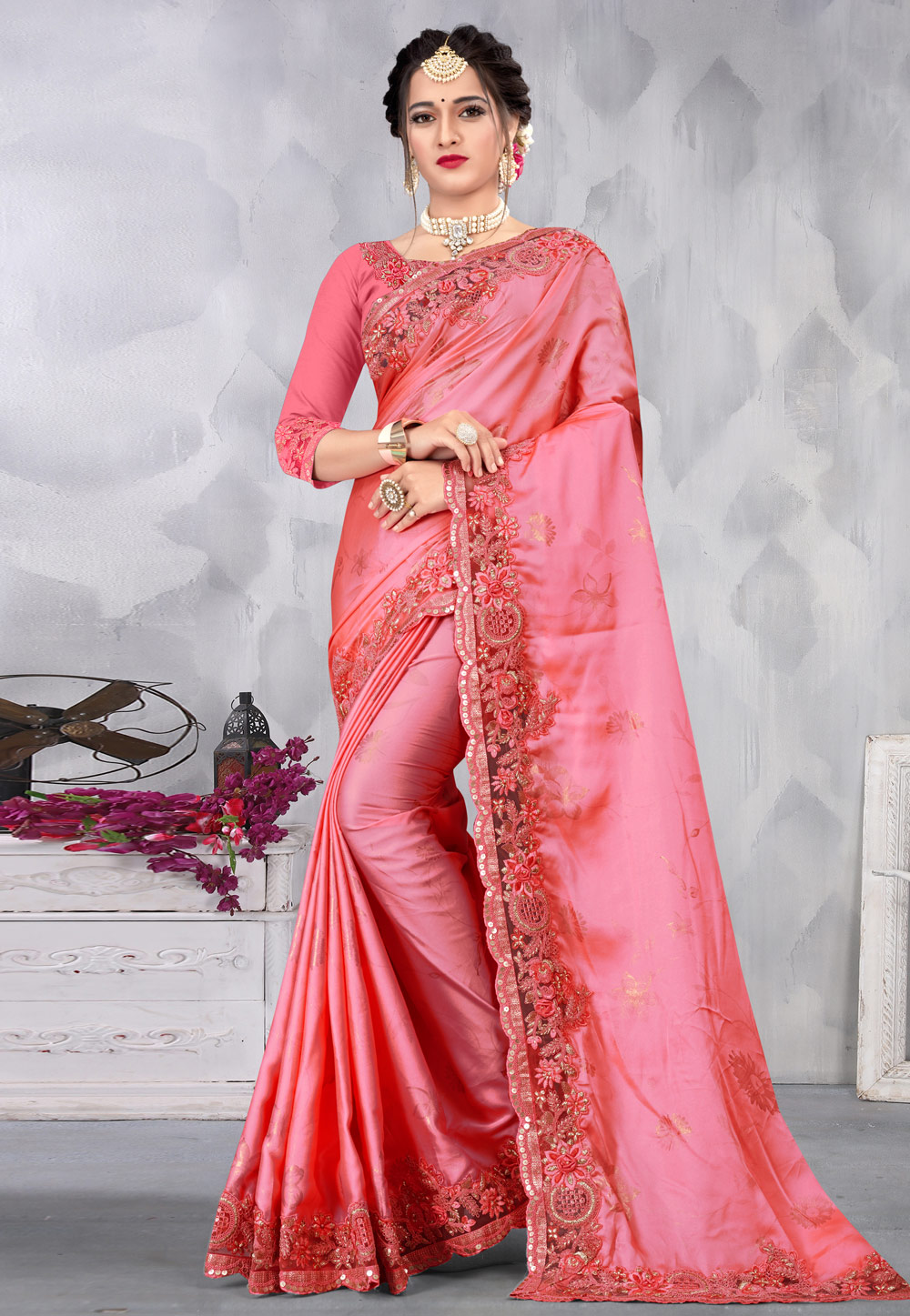 Pink Satin Saree With Blouse 219128