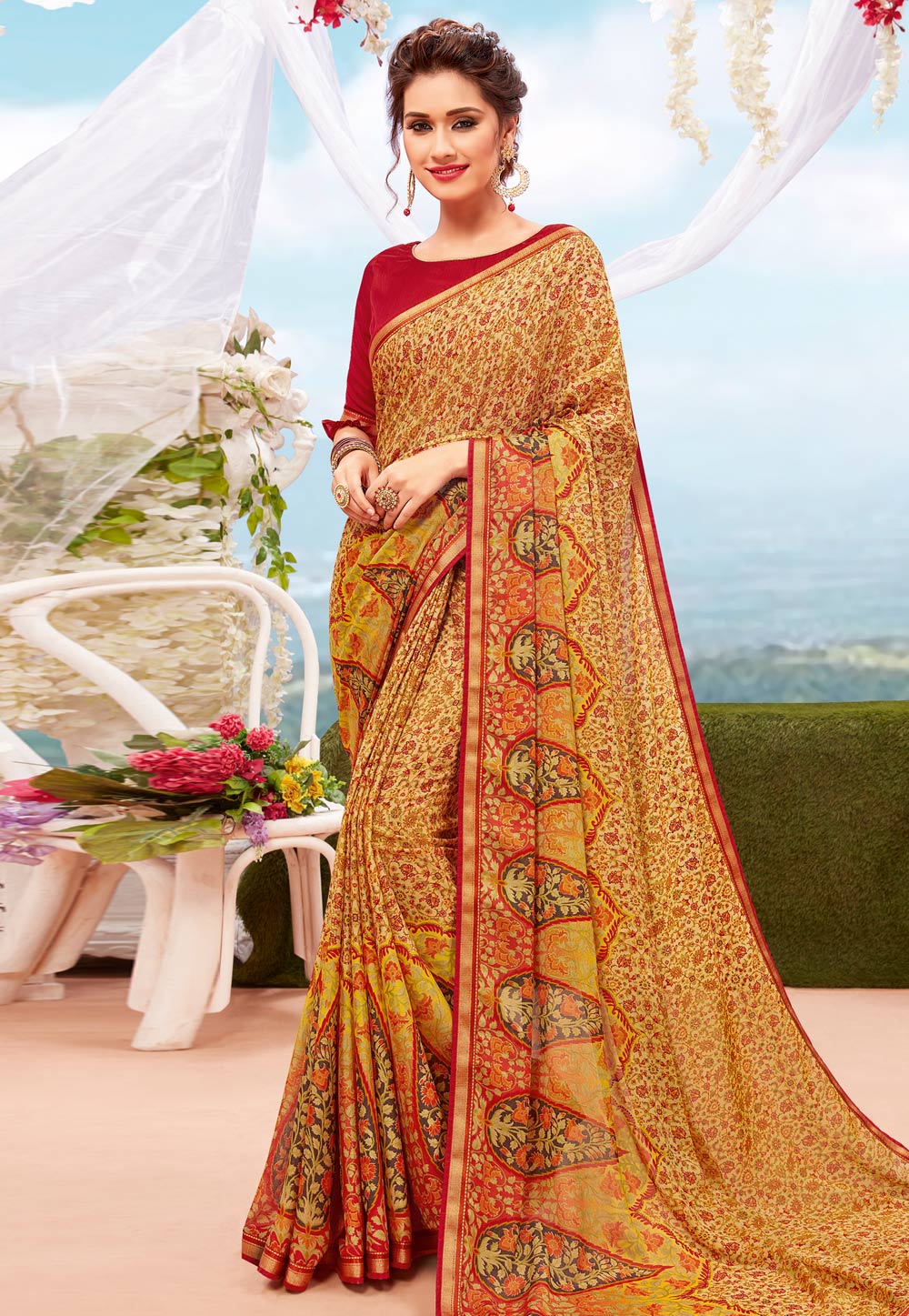 Yellow Georgette Printed Festival Wear Saree 199268