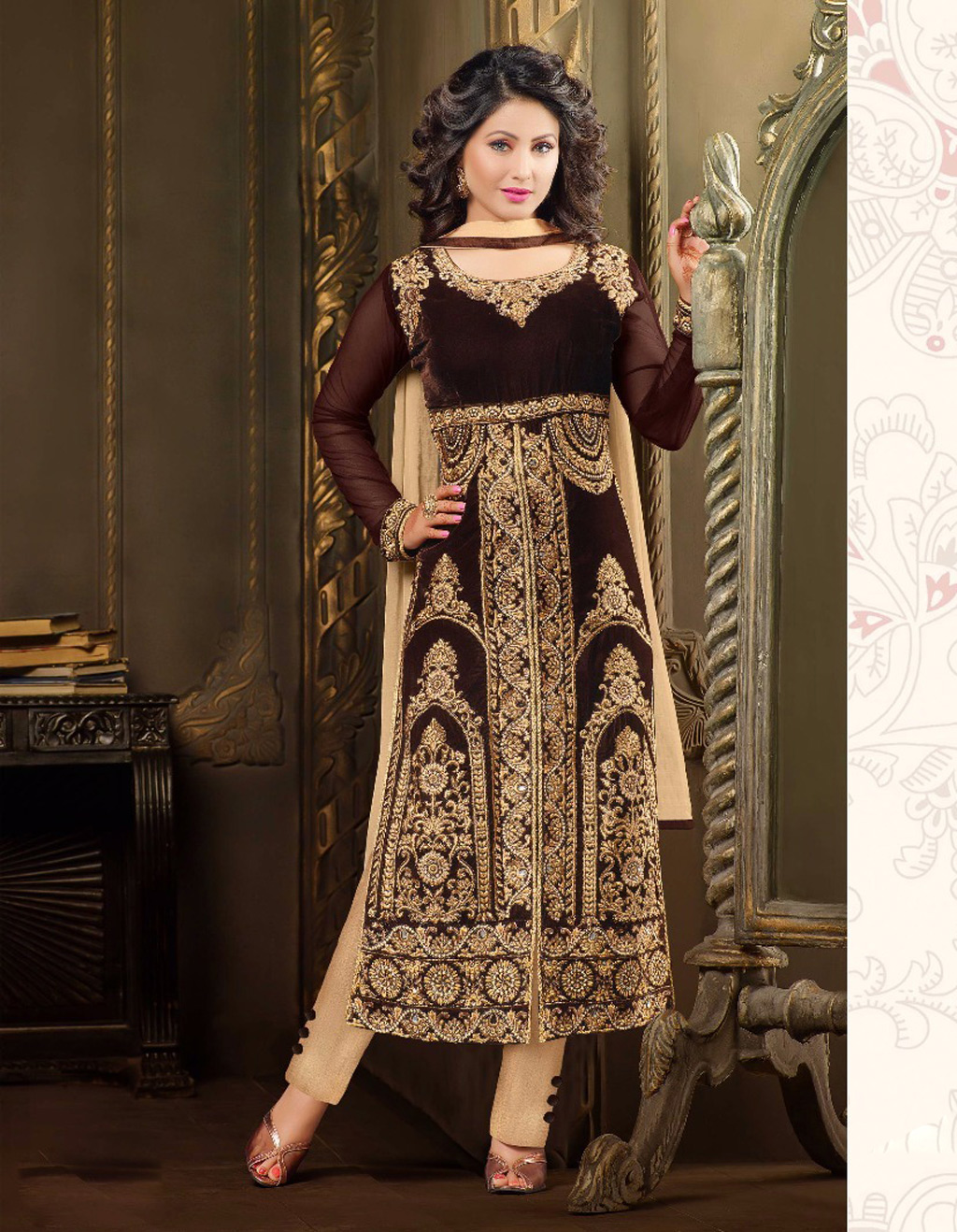 Hina Khan Wine Velvet Pakistani Style Suit 61656