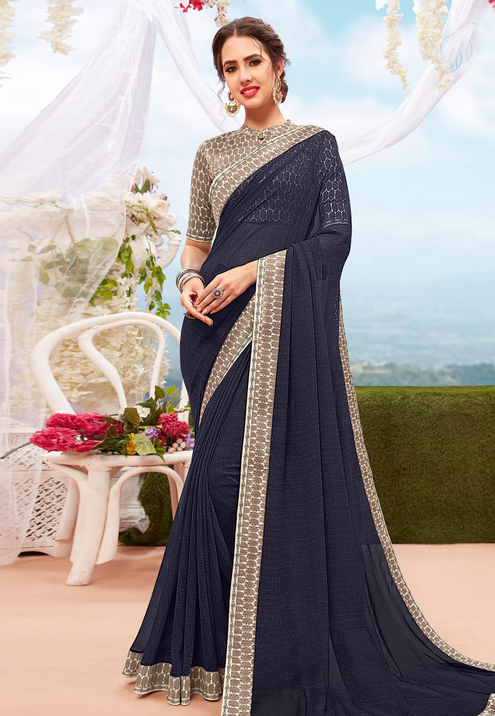 Navy Blue Georgette Printed Saree With Blouse 199269