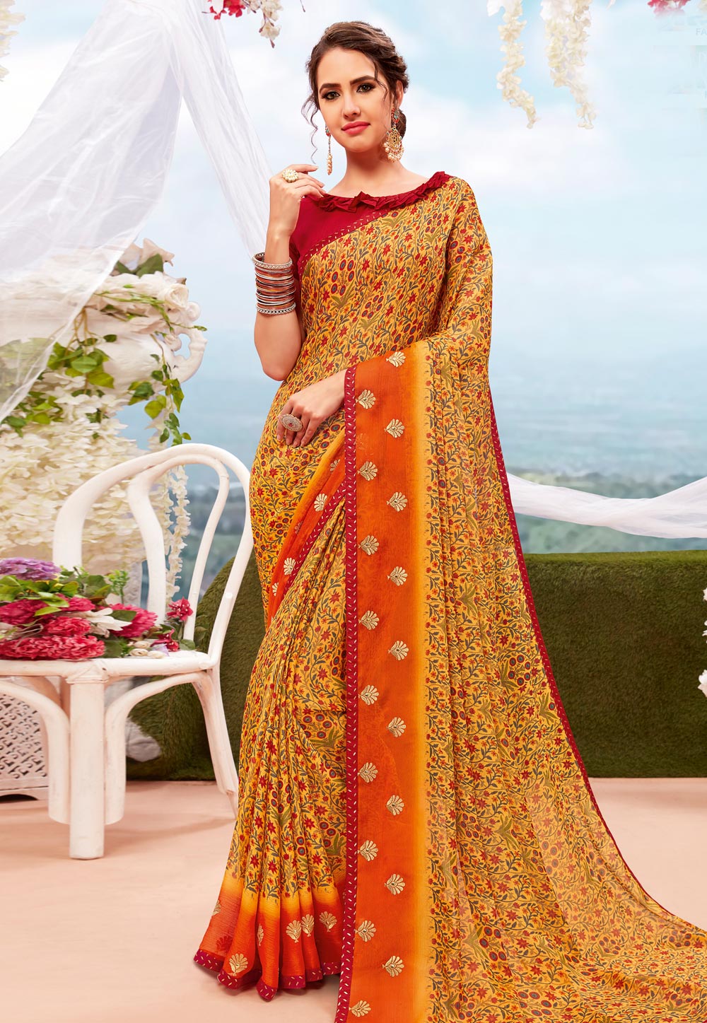 Yellow Georgette Printed Saree With Blouse 199271
