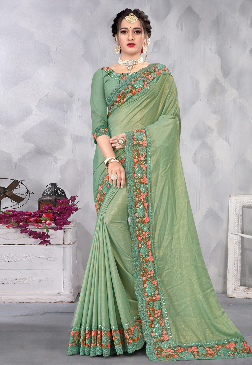 Green Chinon Saree With Blouse 219134