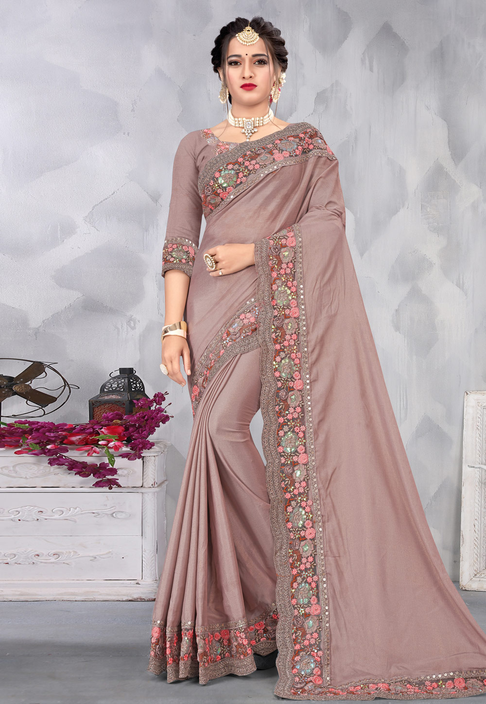 Brown Chinon Saree With Blouse 219136