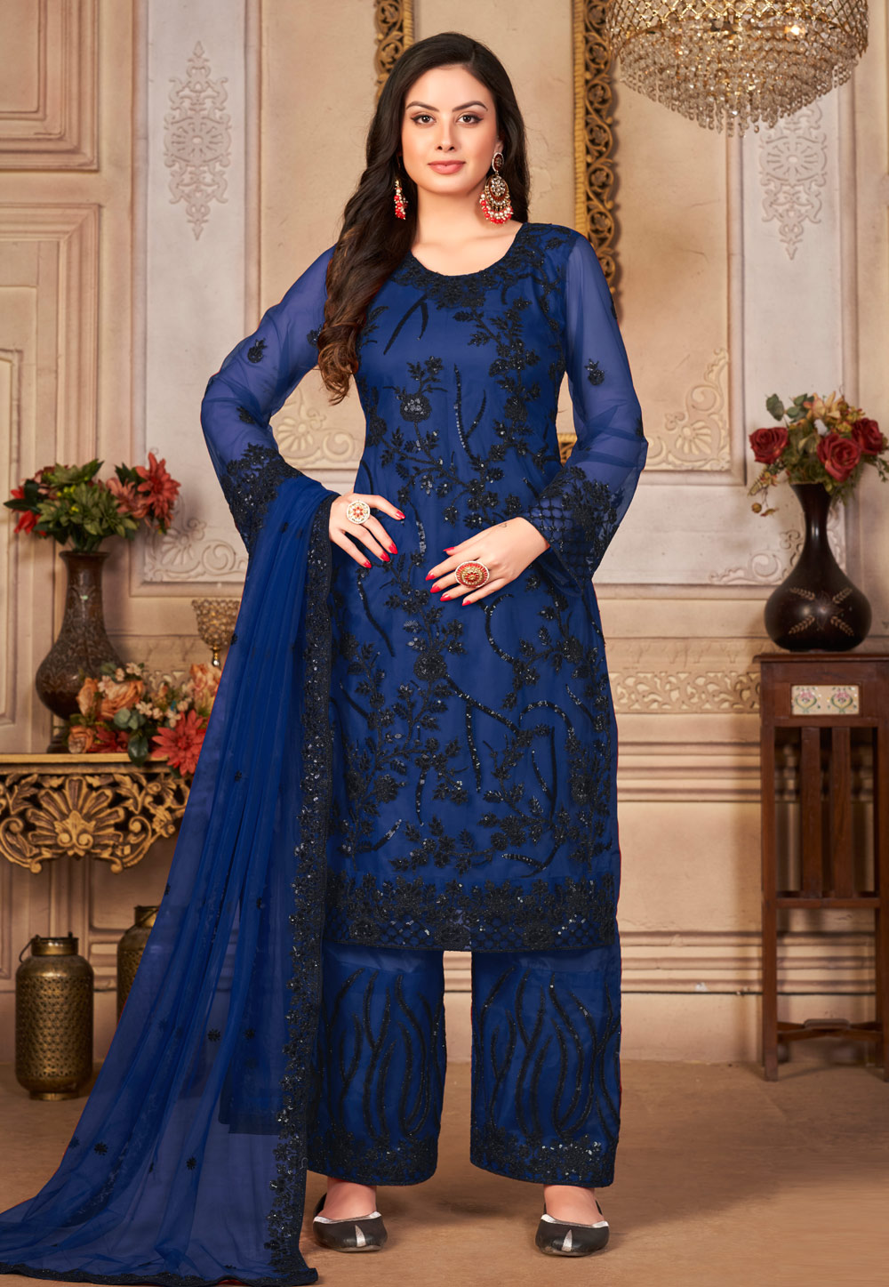 Blue Net Embroidered Palazzo Suit 250363