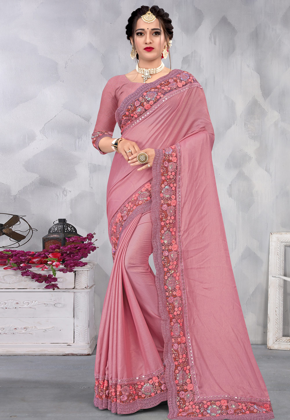 Pink Chinon Saree With Blouse 219138