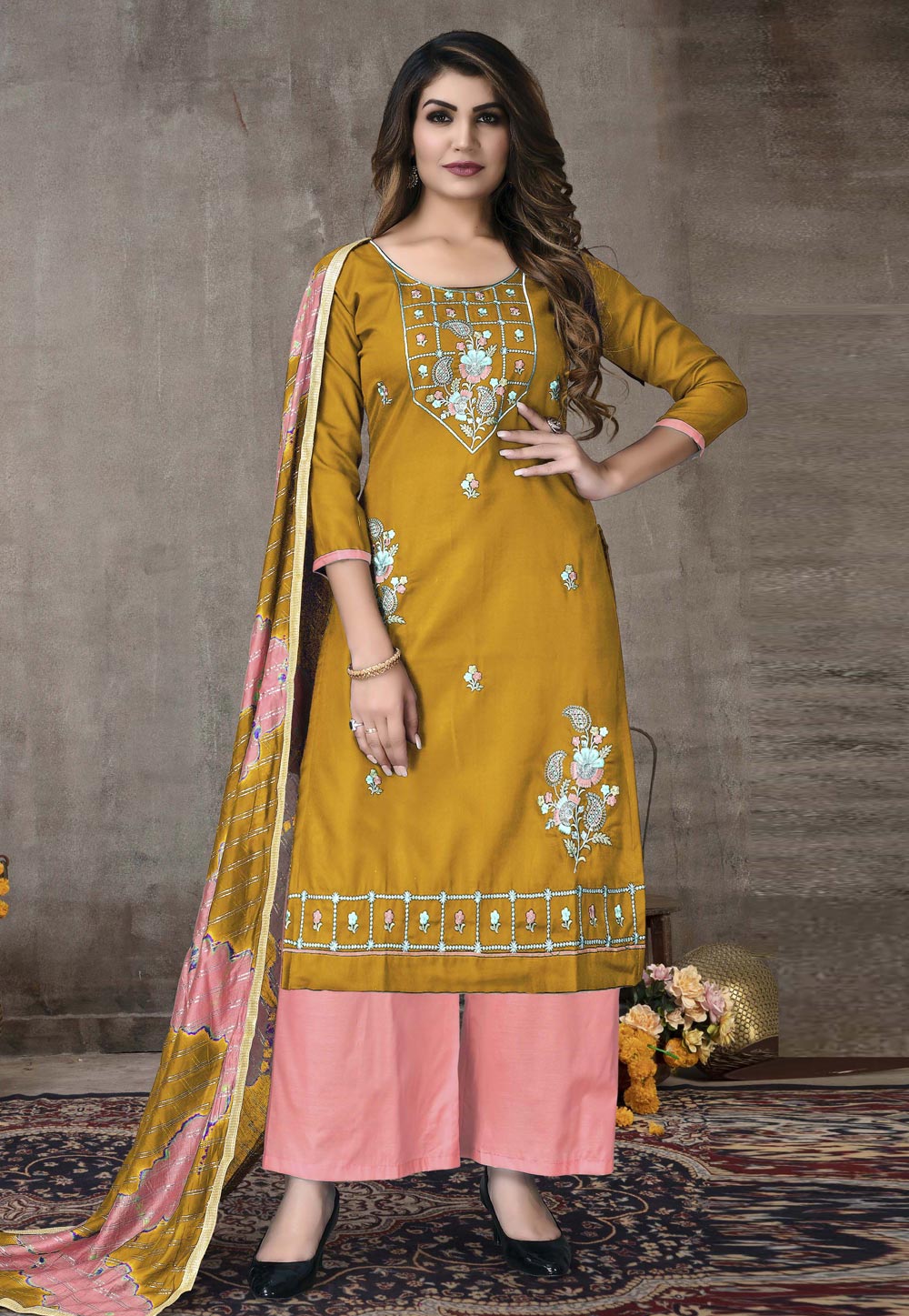 Mustard Cotton Pakistani Palazzo Suit 246918