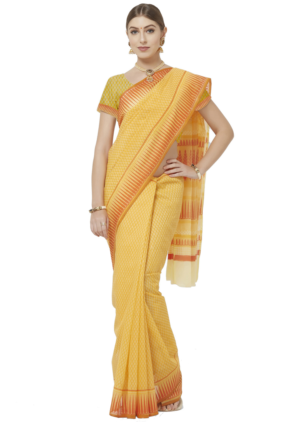 Yellow Cotton Printed Saree With Blouse 202340
