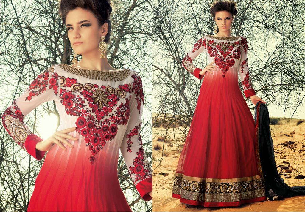 Off White and Red Net Long Anarkali Suit 31437