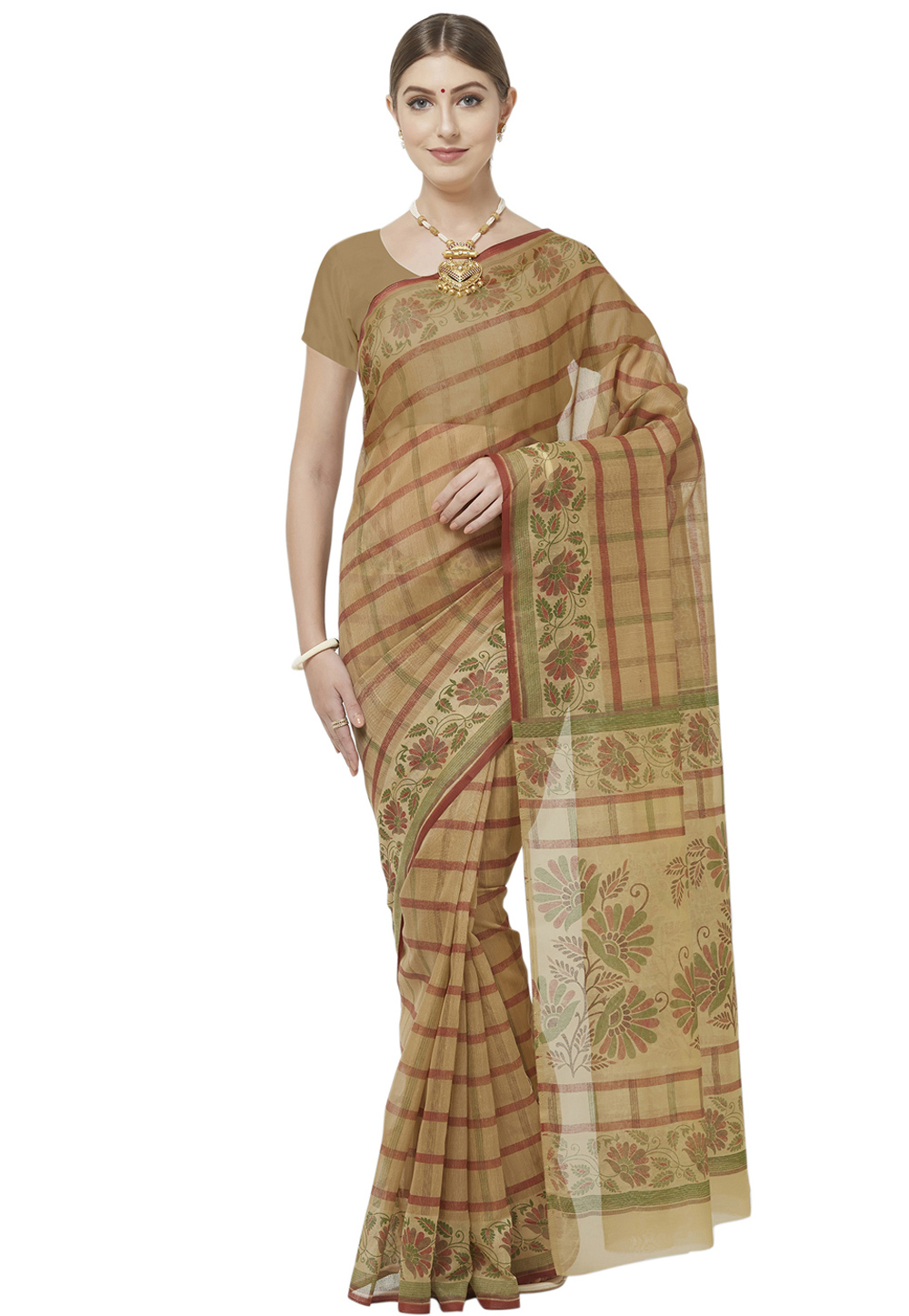 Light Brown Cotton Printed Saree With Blouse 202342