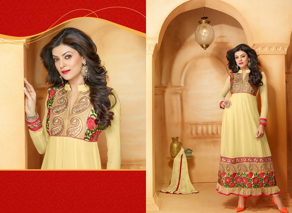 Sushmita Sen Yellow Embroidered Faux Georgette Pakistani Salwar Kameez 31568