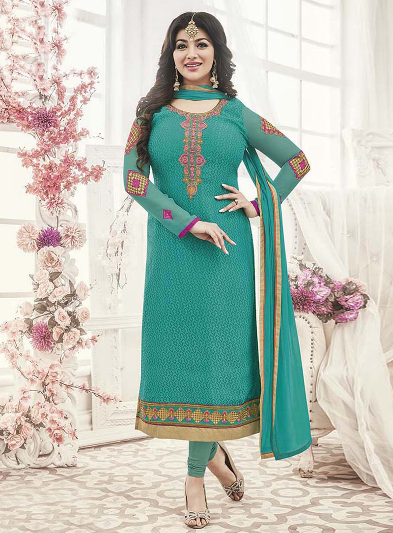 Ayesha Takia Turquoise Georgette Kameez With Churidar 121002