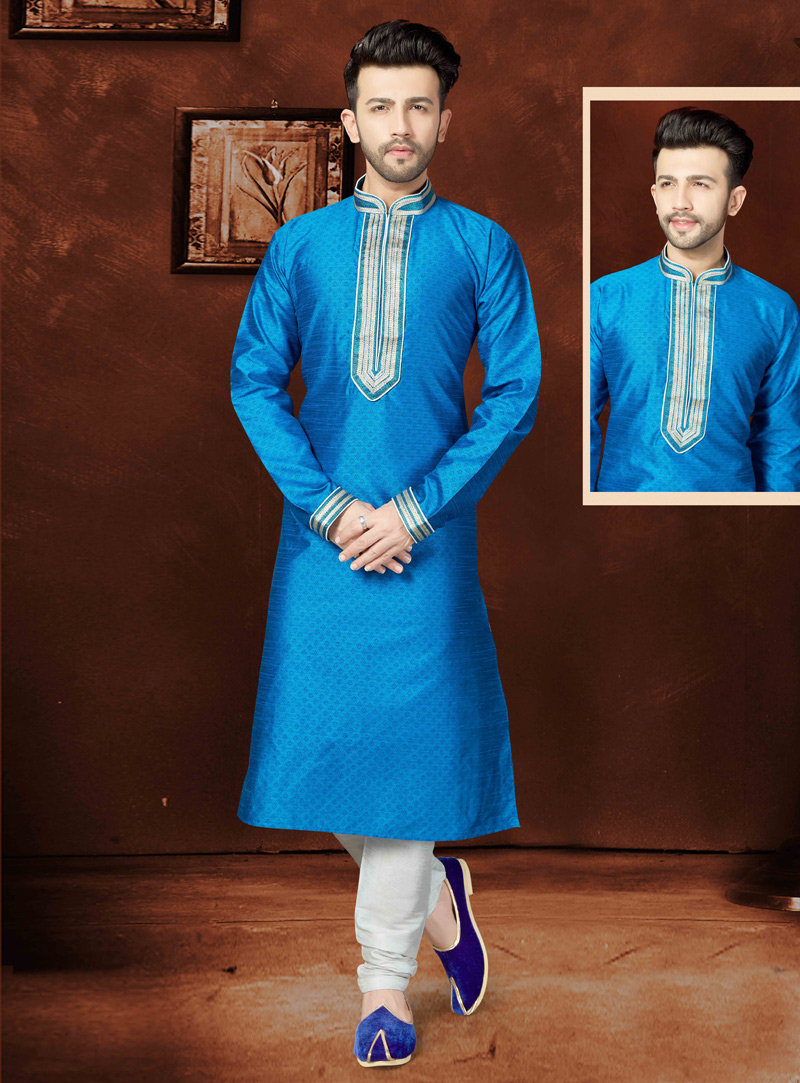Blue Silk Readymade Kurta Pajama 121154