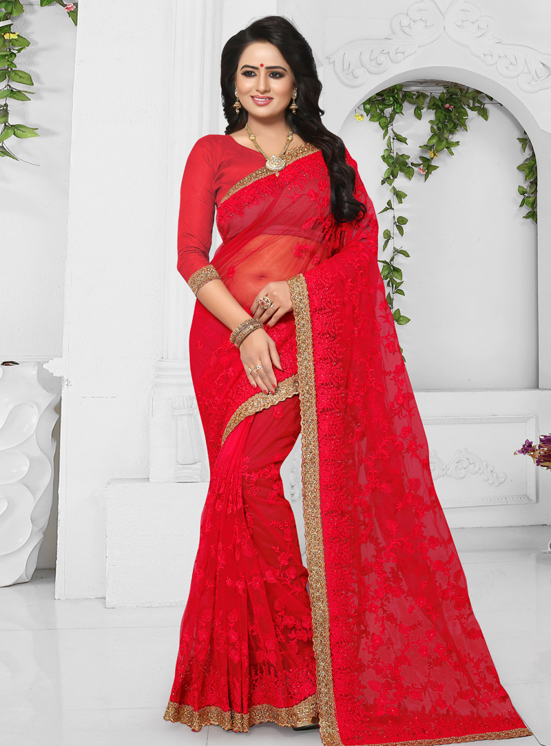 Red Net Festival Wear Saree 147183