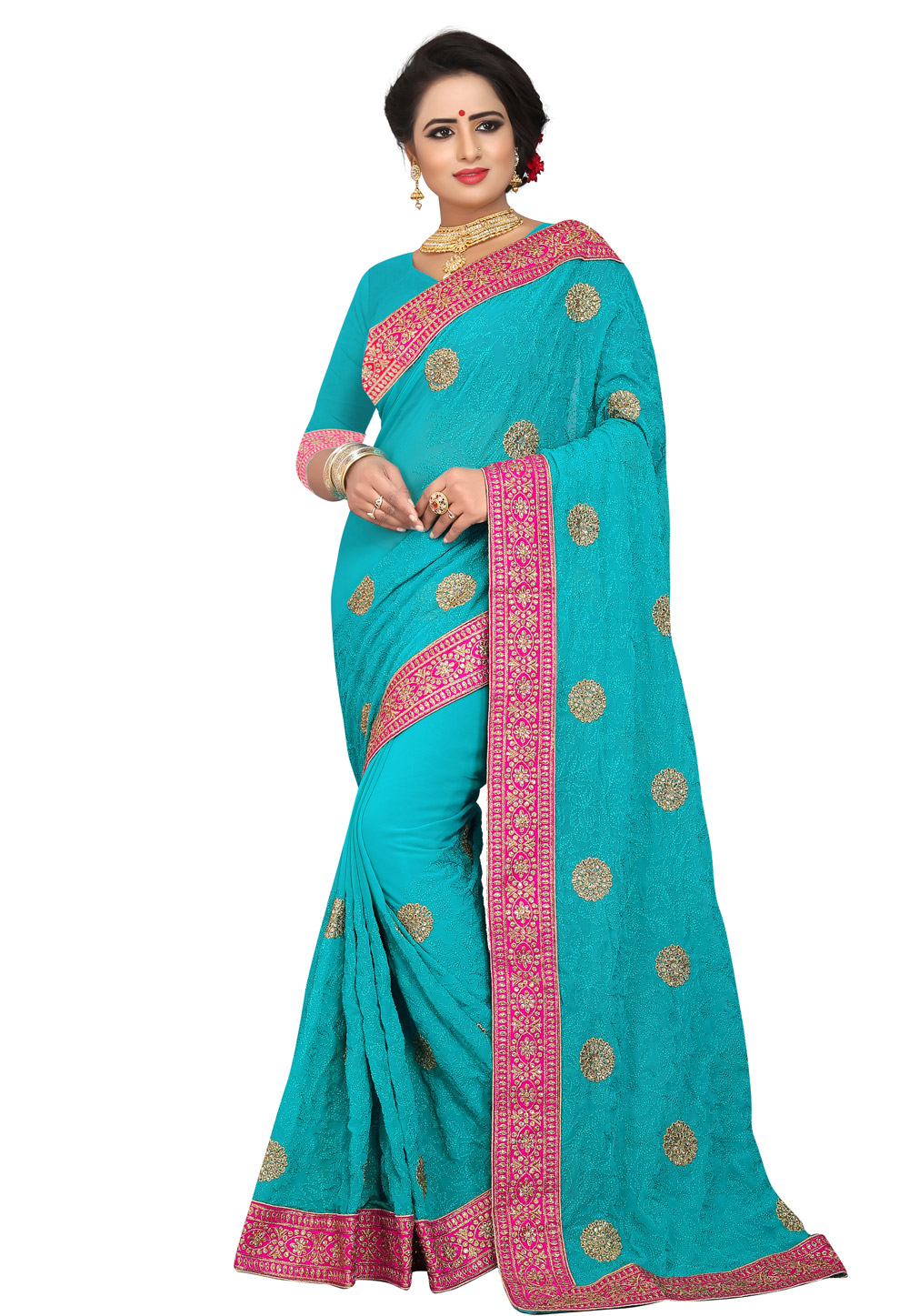 Turquoise Georgette Saree With Blouse 219112