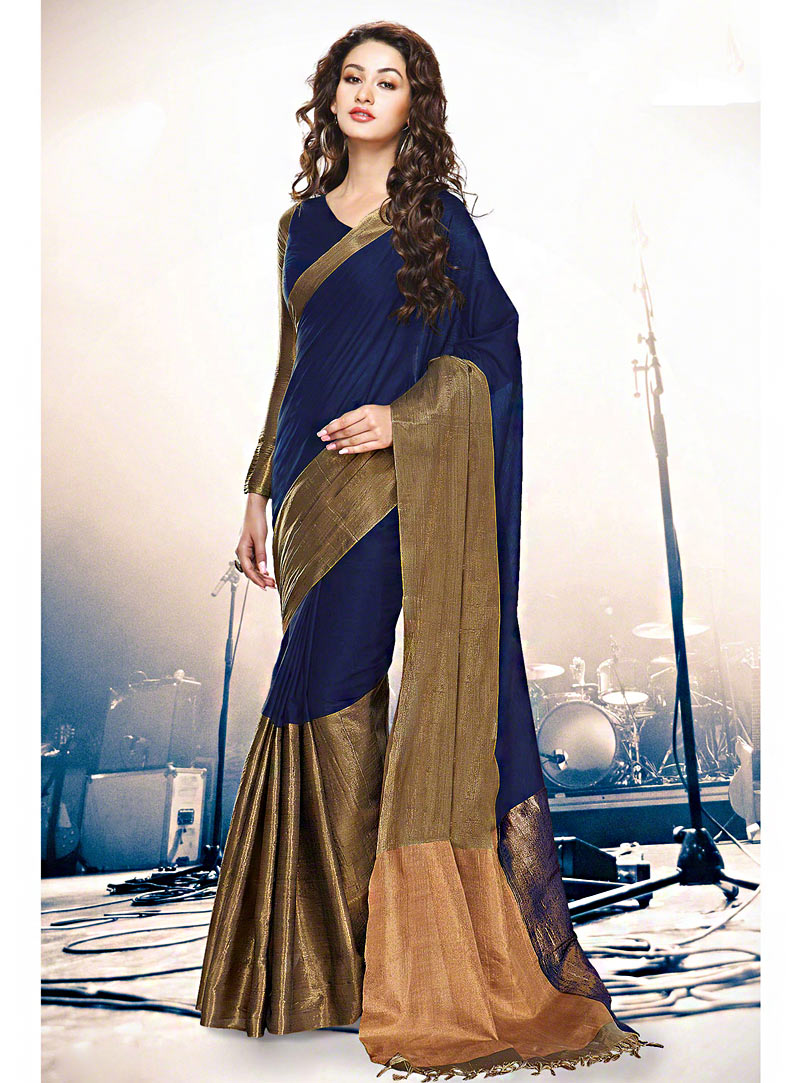 Navy Blue Cotton Saree With Blouse 69923